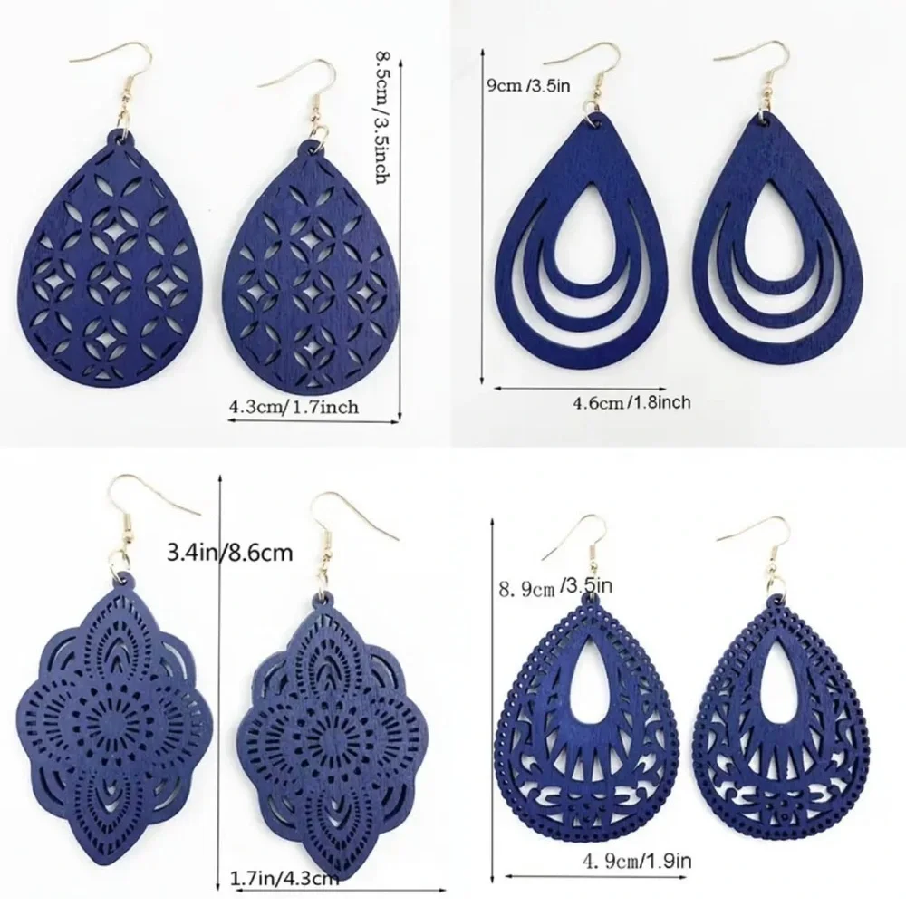 ⭐️ 5 for $25 Natural Wood Navy Blue Painted Lightweight Carved Earrings - Picture 4 of 4